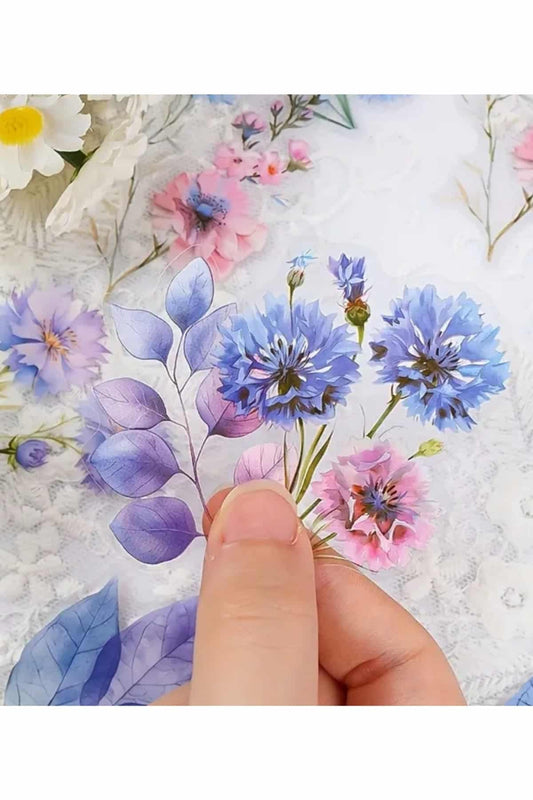 60 Adet Şeffaf Mavi Pembe Çiçek Sticker Bullet Journal Scrapbook Şeffaf Laptop Ajanda Planlayıcı