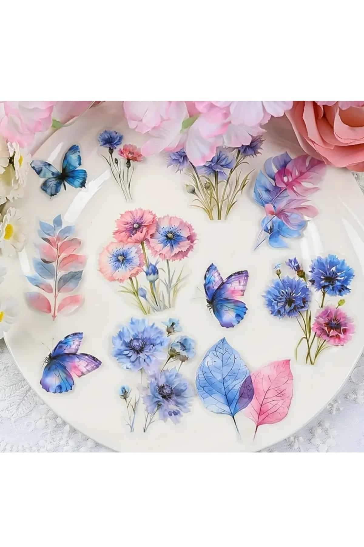 60 Adet Şeffaf Mavi Pembe Çiçek Sticker Bullet Journal Scrapbook Şeffaf Laptop Ajanda Planlayıcı
