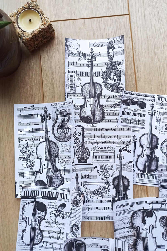 12 Adet Müzik Keman Nota Temalı Scrapbook Kağıt Seti Bullet Journal Dekupaj Kağıdı