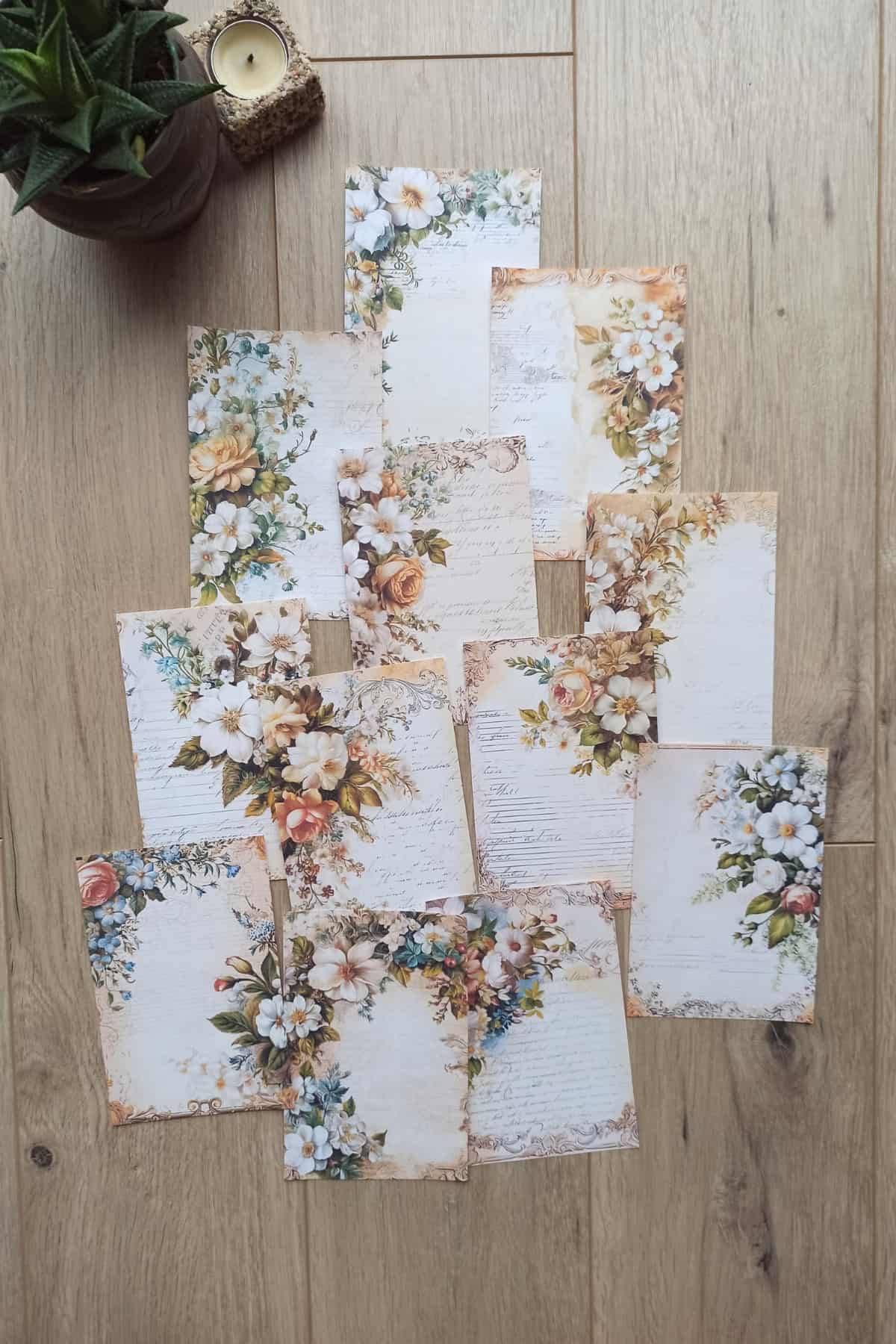 12 Adet Eskitme Vintage Çiçek El Yazı Temalı Scrapbook Kağıt Seti Bullet Journal Dekupaj Kağıdı