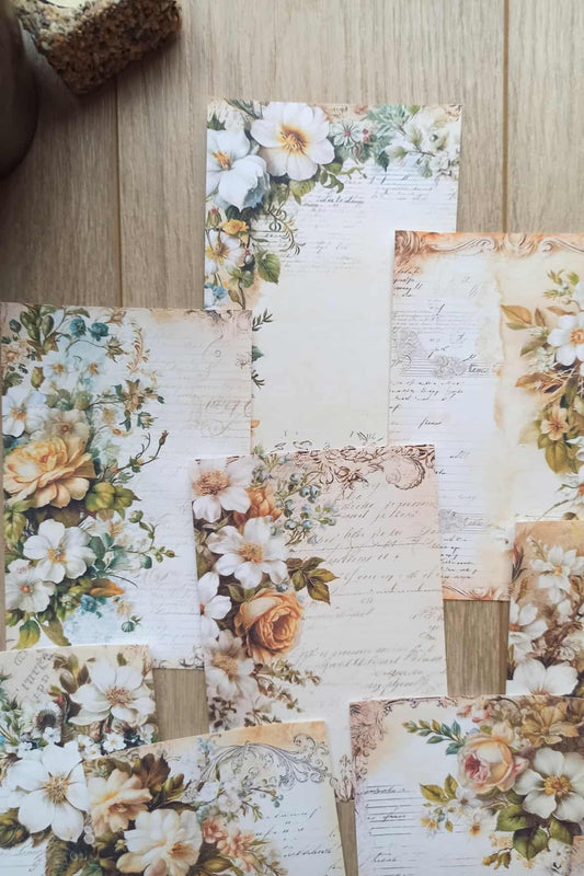 12 Adet Eskitme Vintage Çiçek El Yazı Temalı Scrapbook Kağıt Seti Bullet Journal Dekupaj Kağıdı