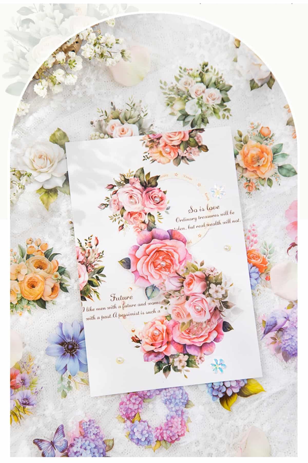 Pembe Şeffaf Çiçek Sticker Kesimli Bant Pet Tape Döngü 5x40cm Scrapbook Bullet Journal Ajanda Gül