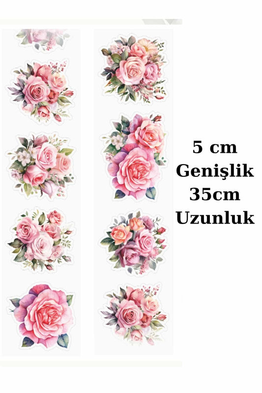 Şeffaf Çiçek Sticker Kesimli Bant Pet Tape Döngü 5x35cm Scrapbook Bullet Journal Ajanda Gül