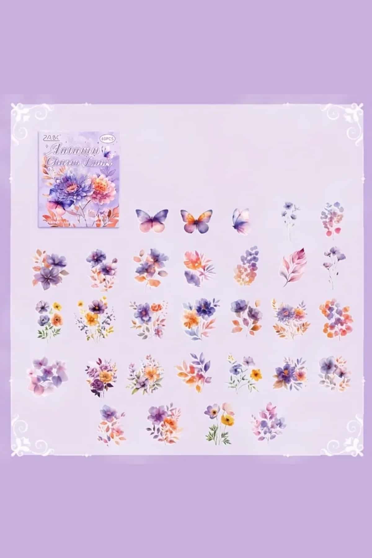 60 Adet Şeffaf Mor Çiçek Sticker Bullet Journal Scrapbook Şeffaf Laptop Ajanda Planlayıcı