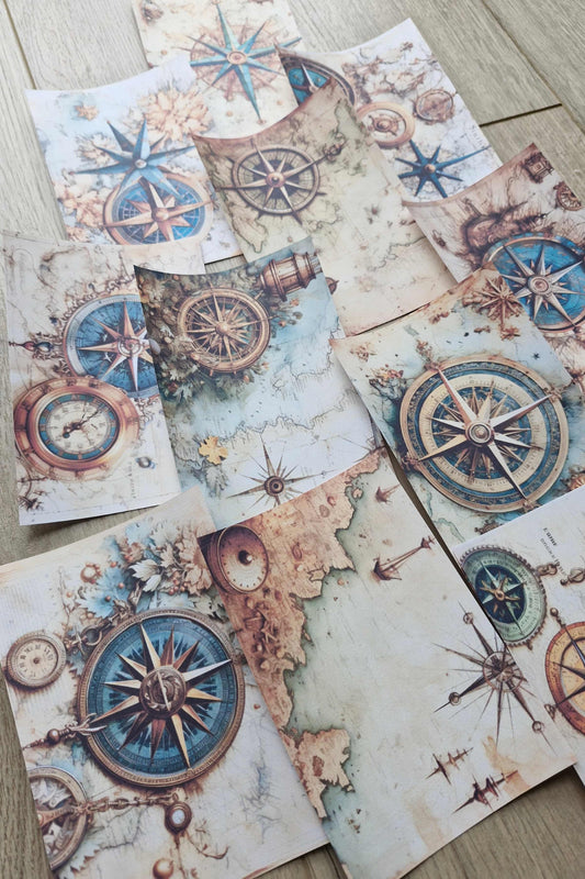 12 Adet Scrapbook Eskitme Pusula Harita Temalı Scrapbook Kağıt Seti Bullet Journal Dekupaj Kağıdı