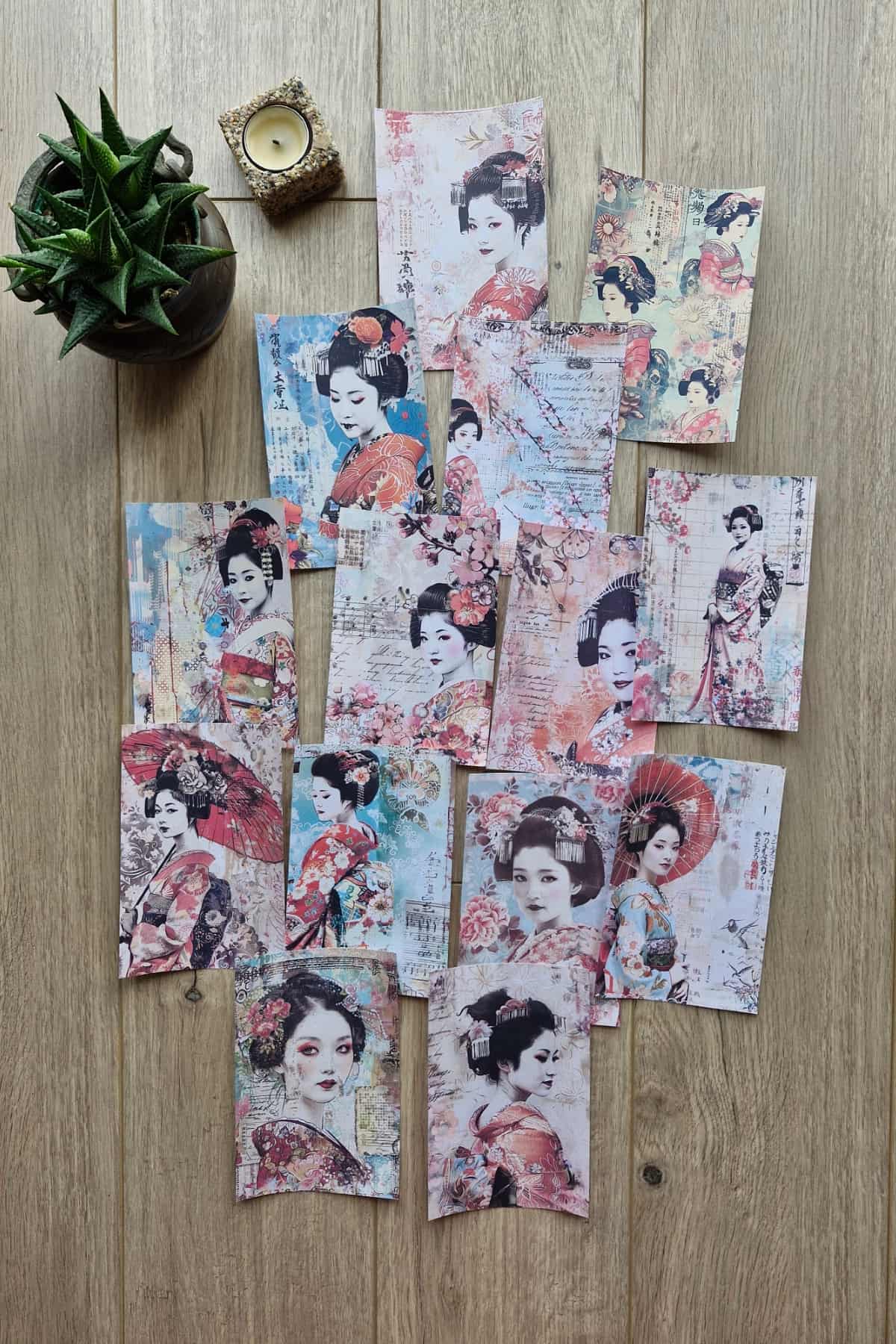 14 Adet Eskitme Japon Geisha Temalı Scrapbook Kağıt Seti Bullet Journal Dekupaj Kağıdı