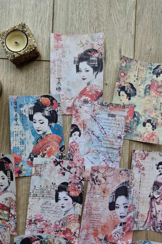 14 Adet Eskitme Japon Geisha Temalı Scrapbook Kağıt Seti Bullet Journal Dekupaj Kağıdı