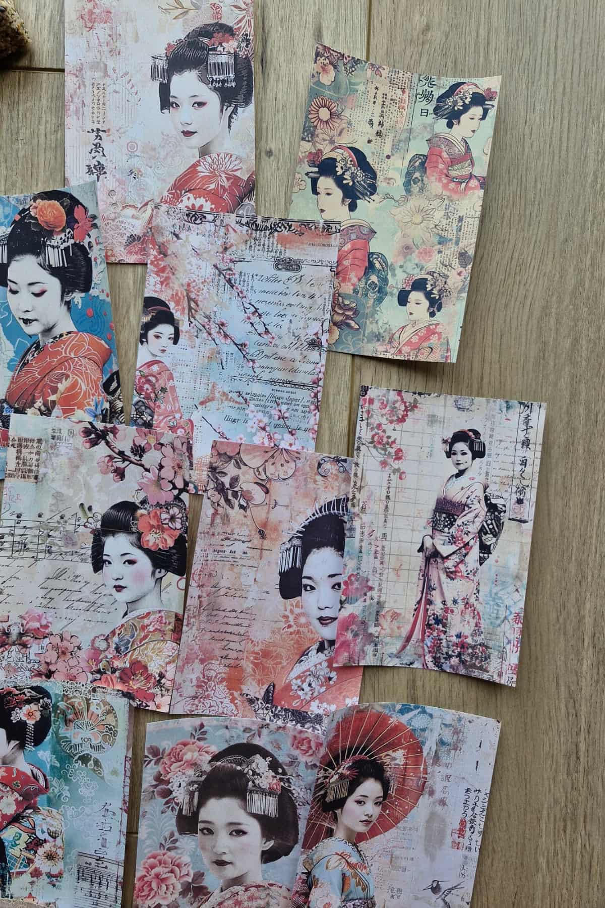 14 Adet Eskitme Japon Geisha Temalı Scrapbook Kağıt Seti Bullet Journal Dekupaj Kağıdı