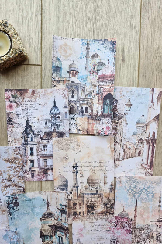 14 Adet Eskitme Camii Manzara Temalı Scrapbook Kağıt Seti Bullet Journal Dekupaj Kağıdı