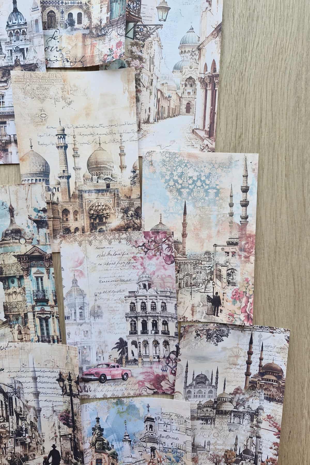 14 Adet Eskitme Camii Manzara Temalı Scrapbook Kağıt Seti Bullet Journal Dekupaj Kağıdı