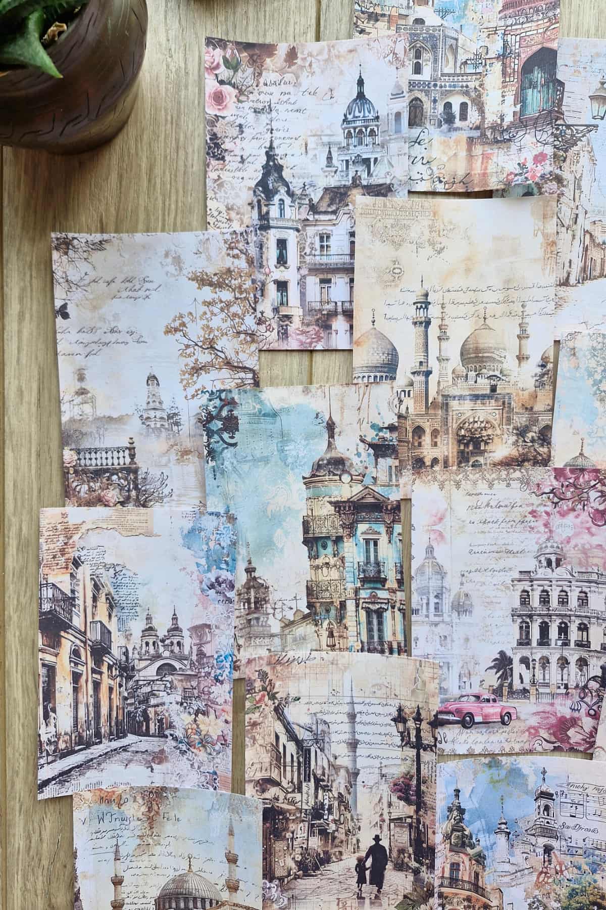 14 Adet Eskitme Camii Manzara Temalı Scrapbook Kağıt Seti Bullet Journal Dekupaj Kağıdı