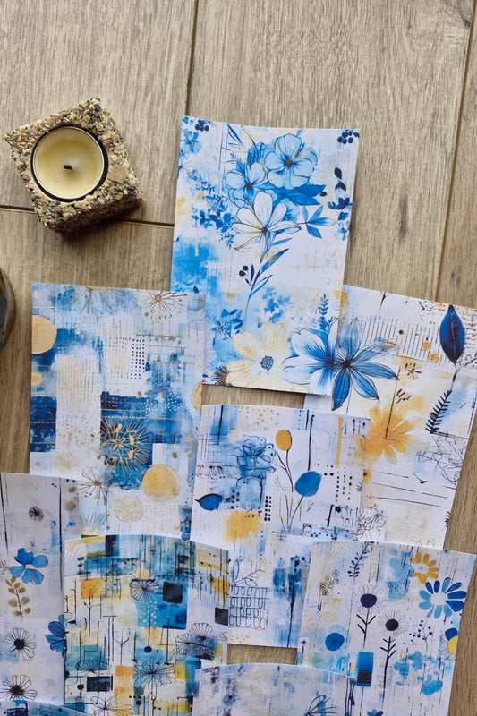 12 Adet Scrapbook Mavi Sarı Çiçek Temalı Scrapbook Kağıt Seti Bullet Journal Dekupaj Kağıdı