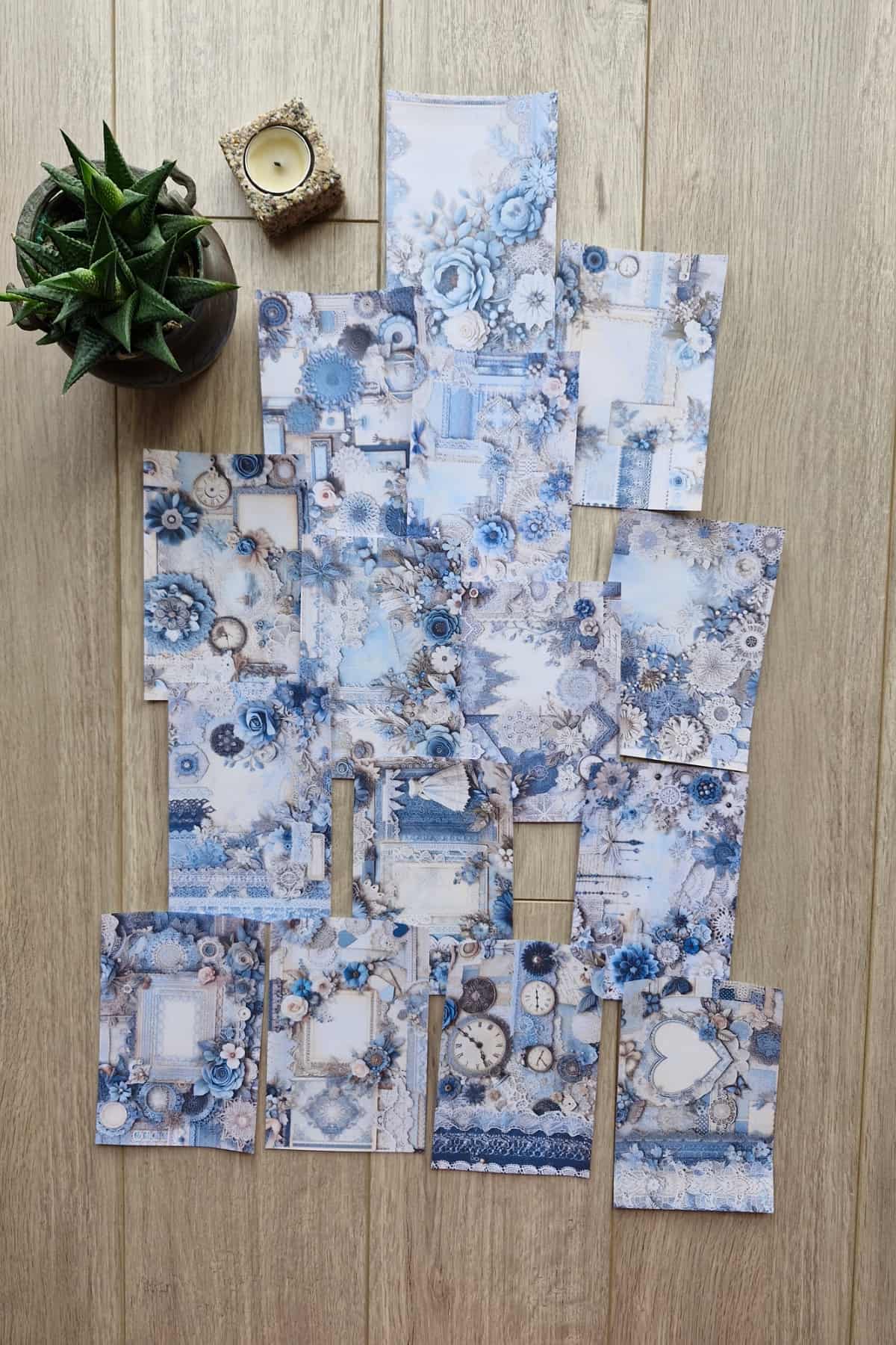 15 Adet Mavi Dantel Gül Temalı Scrapbook Kağıt Seti Bullet Journal Dekupaj Kağıdı