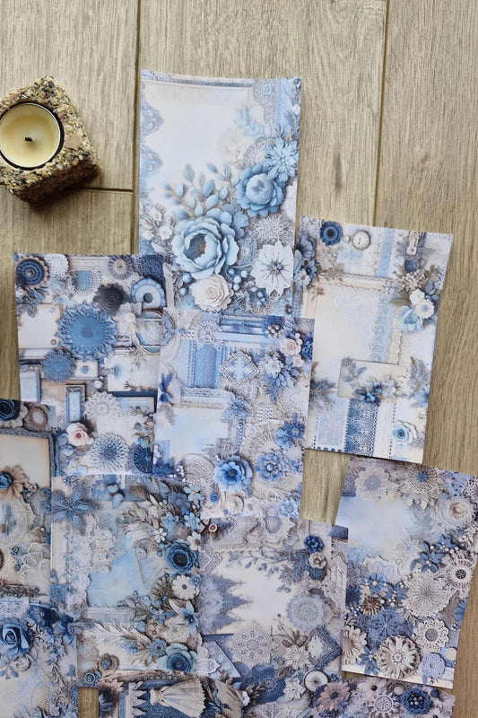 15 Adet Mavi Dantel Gül Temalı Scrapbook Kağıt Seti Bullet Journal Dekupaj Kağıdı