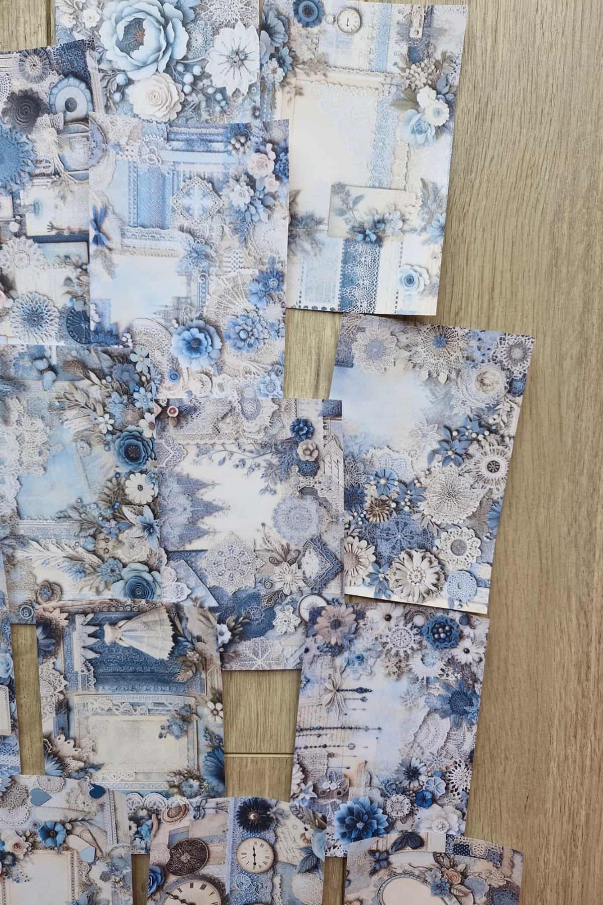 15 Adet Mavi Dantel Gül Temalı Scrapbook Kağıt Seti Bullet Journal Dekupaj Kağıdı