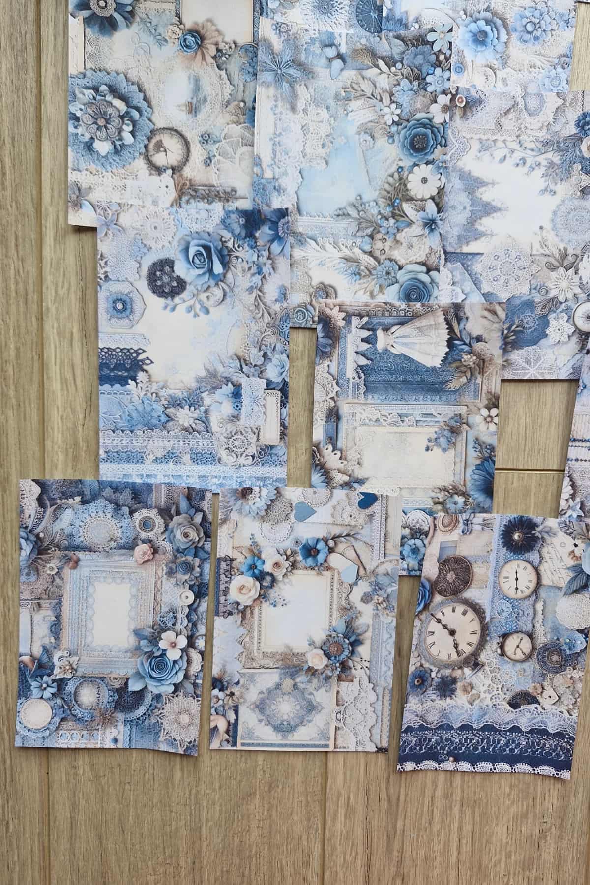 15 Adet Mavi Dantel Gül Temalı Scrapbook Kağıt Seti Bullet Journal Dekupaj Kağıdı