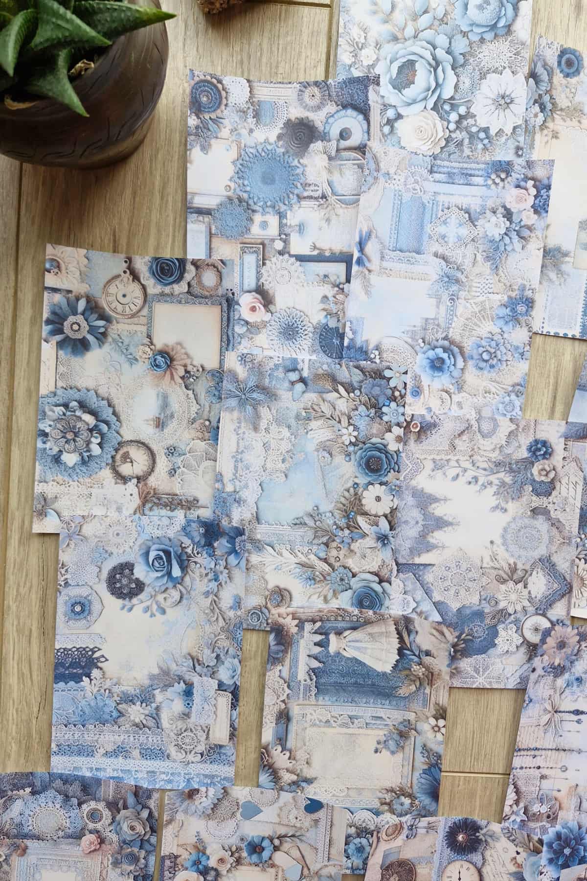 15 Adet Mavi Dantel Gül Temalı Scrapbook Kağıt Seti Bullet Journal Dekupaj Kağıdı