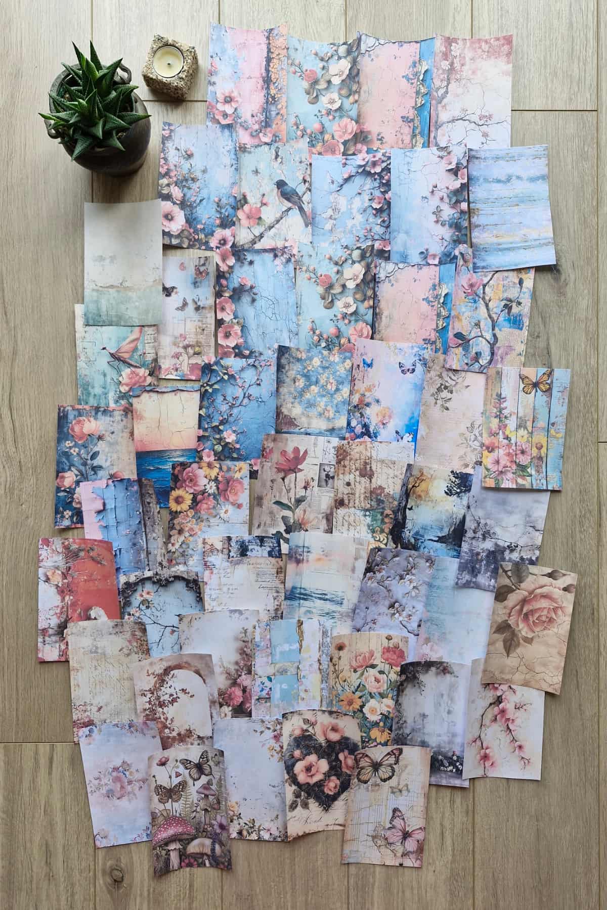 67 Adet Eskitme Vintage Çiçek Temalı Scrapbook Kağıt Seti Bullet Journal Dekupaj Kağıdı