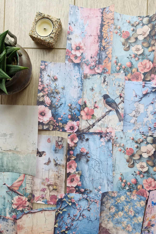 67 Adet Eskitme Vintage Çiçek Temalı Scrapbook Kağıt Seti Bullet Journal Dekupaj Kağıdı