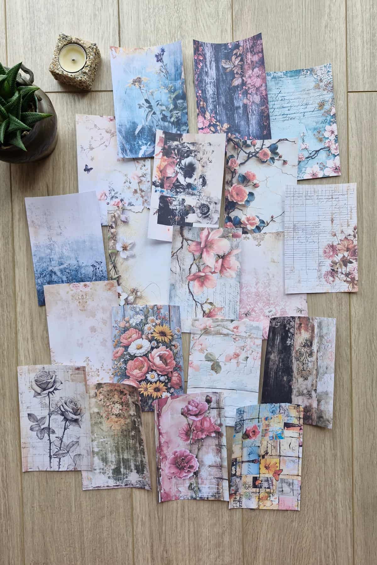 67 Adet Eskitme Vintage Çiçek Temalı Scrapbook Kağıt Seti Bullet Journal Dekupaj Kağıdı