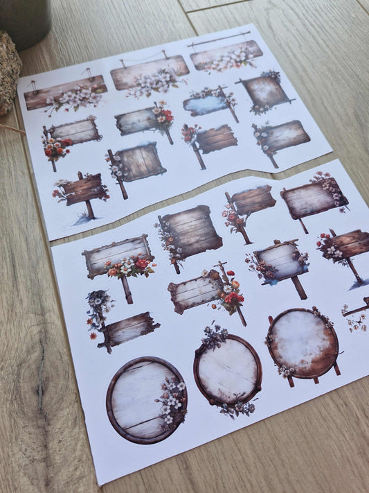 2 Sayfa 23 Adet Çiçekli Tabela Sticker Seti Ahlap Çiçekli Tabela Sticker Vintage Sticker