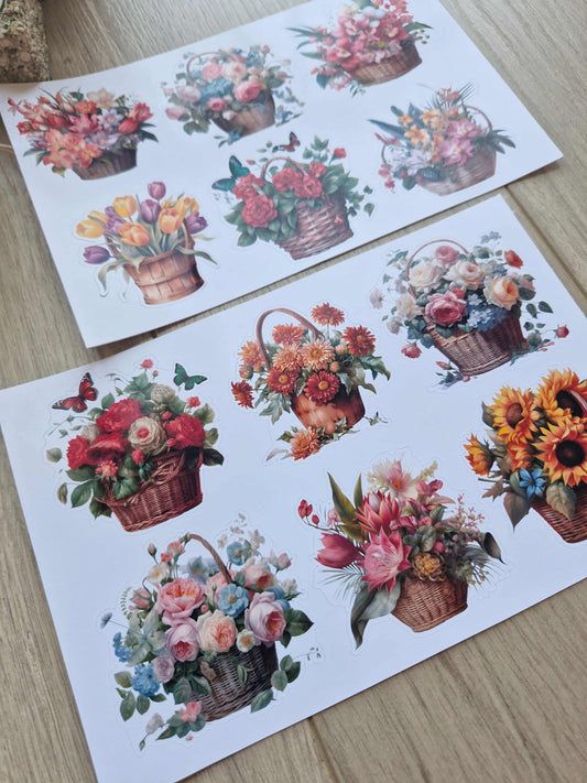 2 Sayfa 12 Adet Çiçek Sepeti Sticker Seti Çiçek Gül Ayçiçeği Lale Sepet Sticker Vintage Sticker