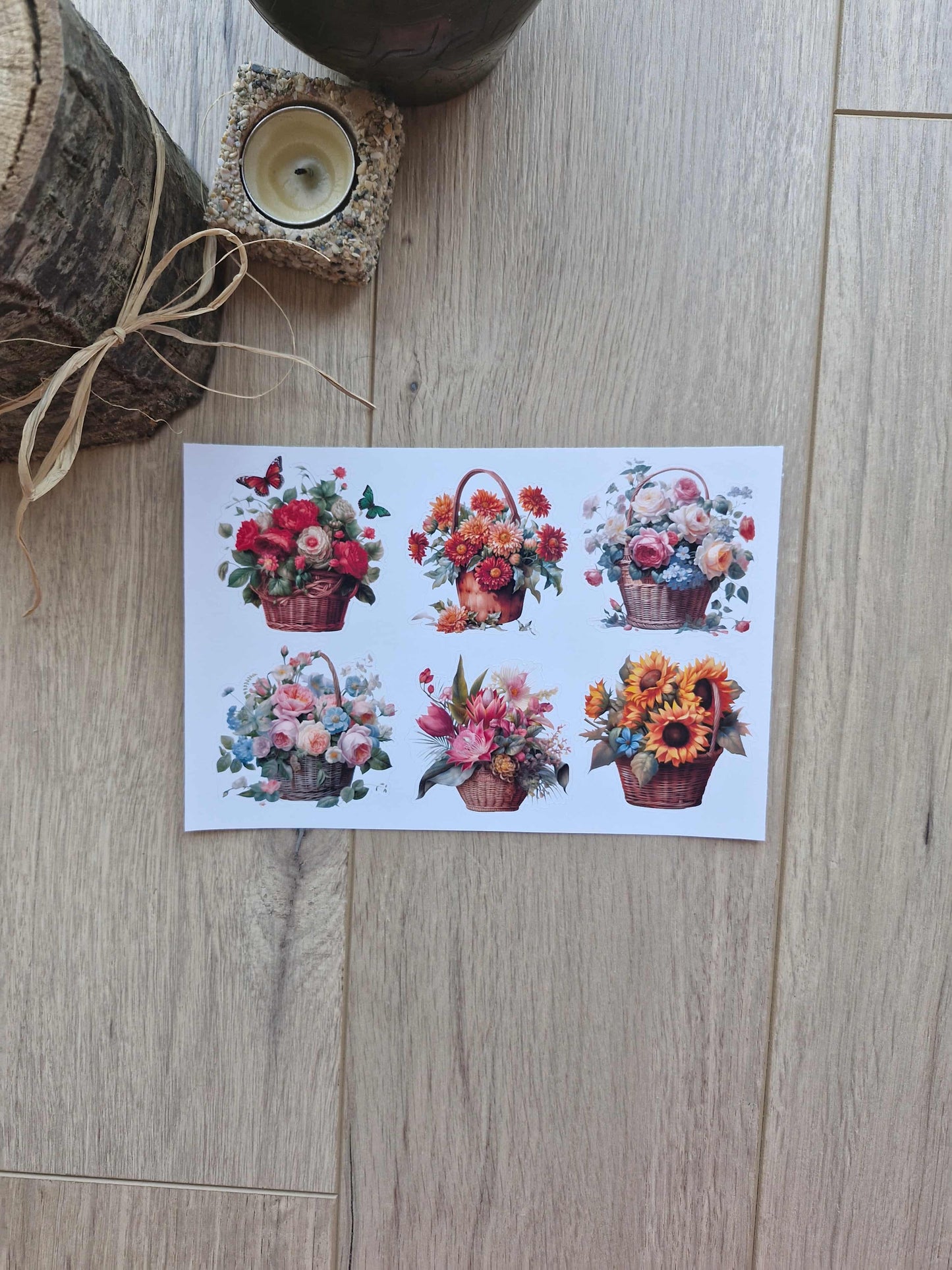 2 Sayfa 12 Adet Çiçek Sepeti Sticker Seti Çiçek Gül Ayçiçeği Lale Sepet Sticker Vintage Sticker