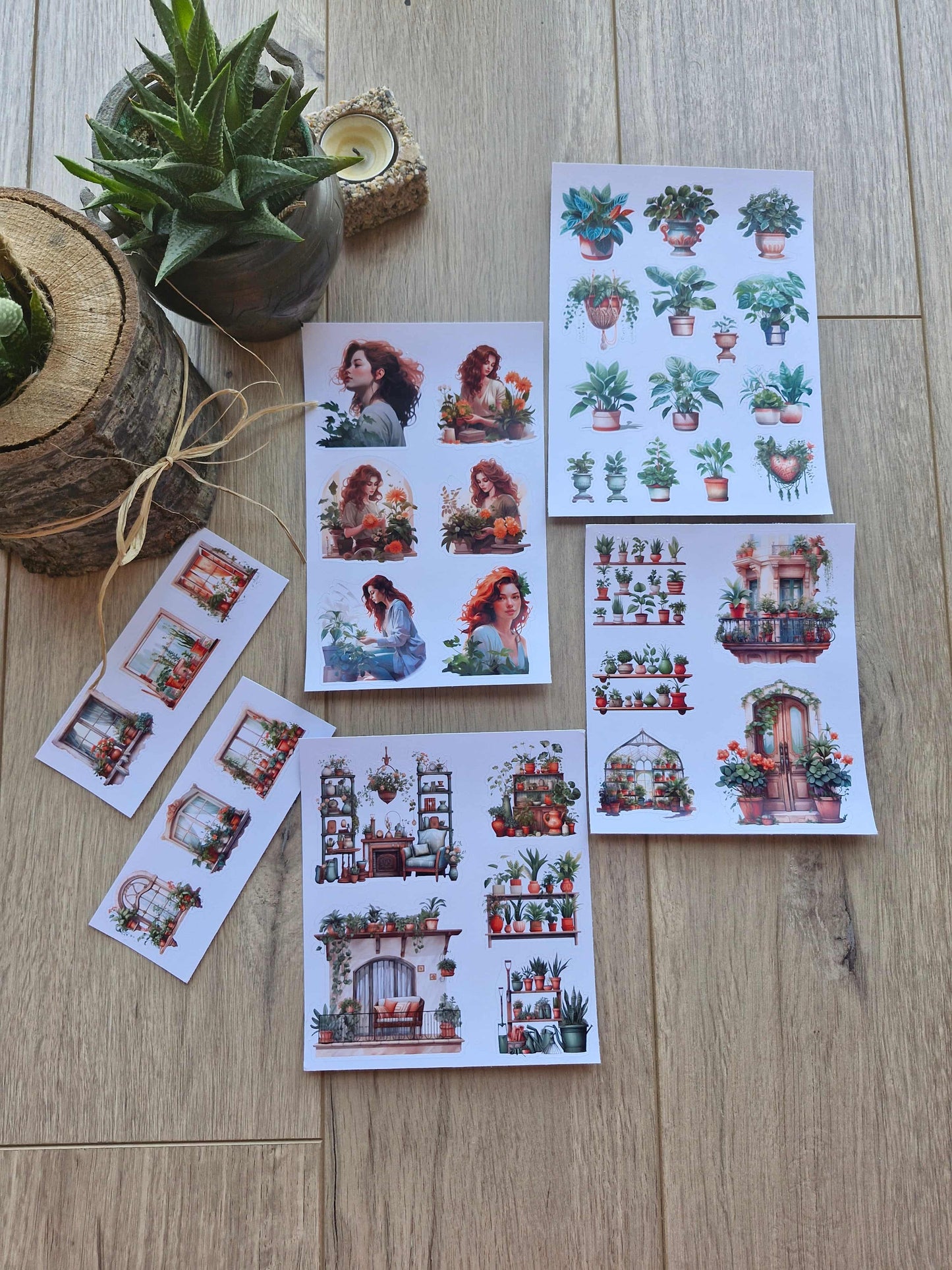6 Parça 37 Adet Saksı Kız Sticker Seti Bitki Penecere Saksı Kız Sticker Yeşil Turuncu