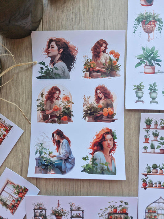 6 Parça 37 Adet Saksı Kız Sticker Seti Bitki Penecere Saksı Kız Sticker Yeşil Turuncu