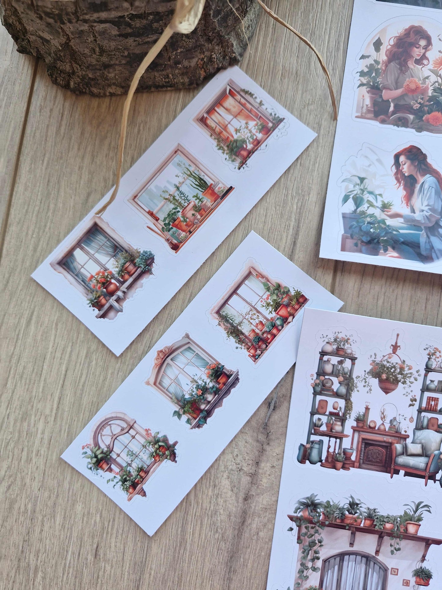 6 Parça 37 Adet Saksı Kız Sticker Seti Bitki Penecere Saksı Kız Sticker Yeşil Turuncu