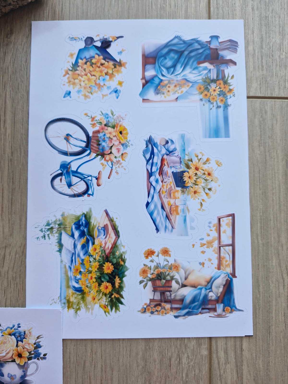 2 Sayfa 18 Adet Mavi Sarı Çiçek Temalı Sticker Seti Piknik Pencere Bisiklet Sticker Vintage Sticker