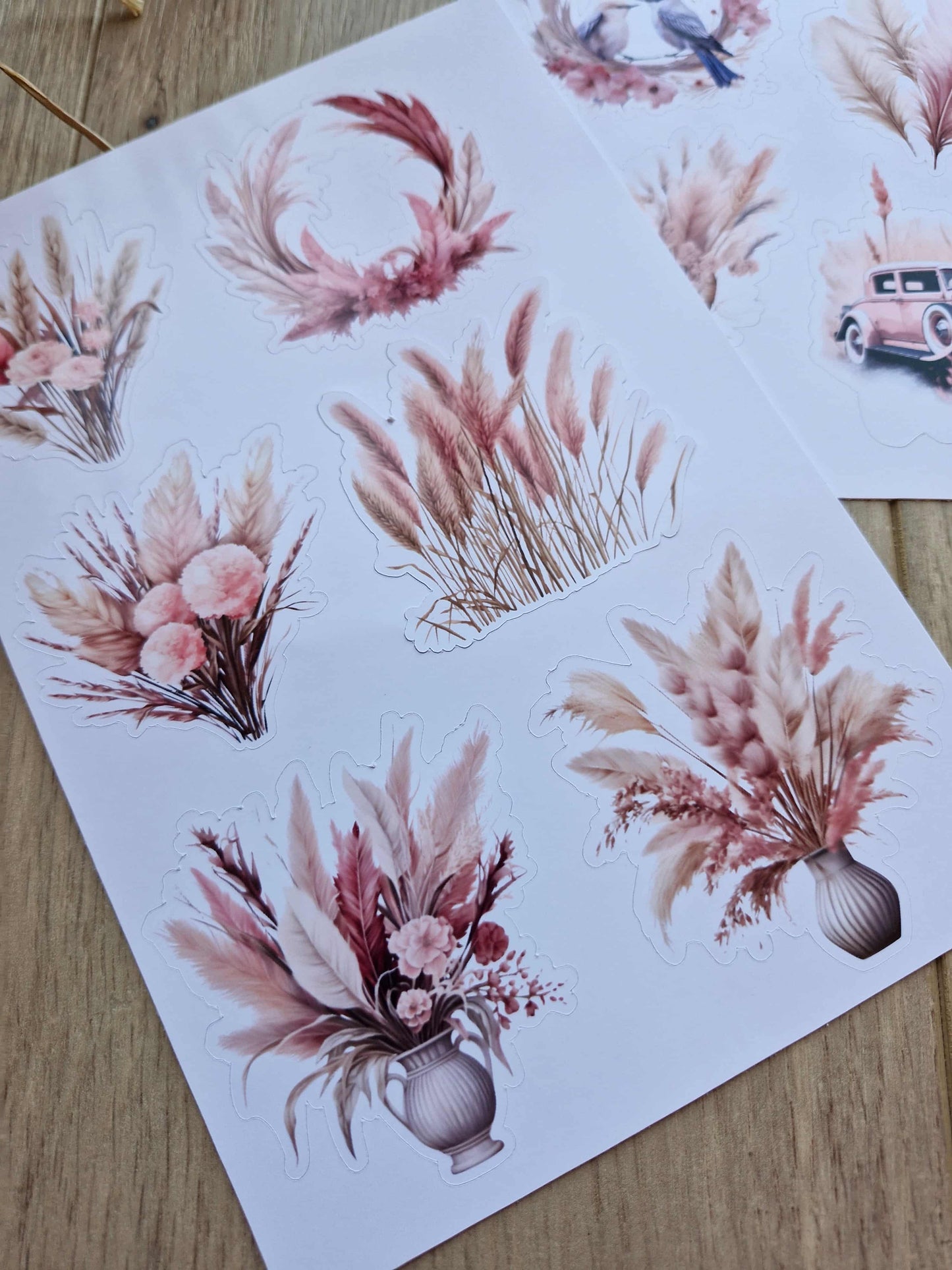 2 Sayfa 12 Adet Pembe Pampas Sticker Pembe Sarı Pampas Çiçek Sticker Vintage Sticker