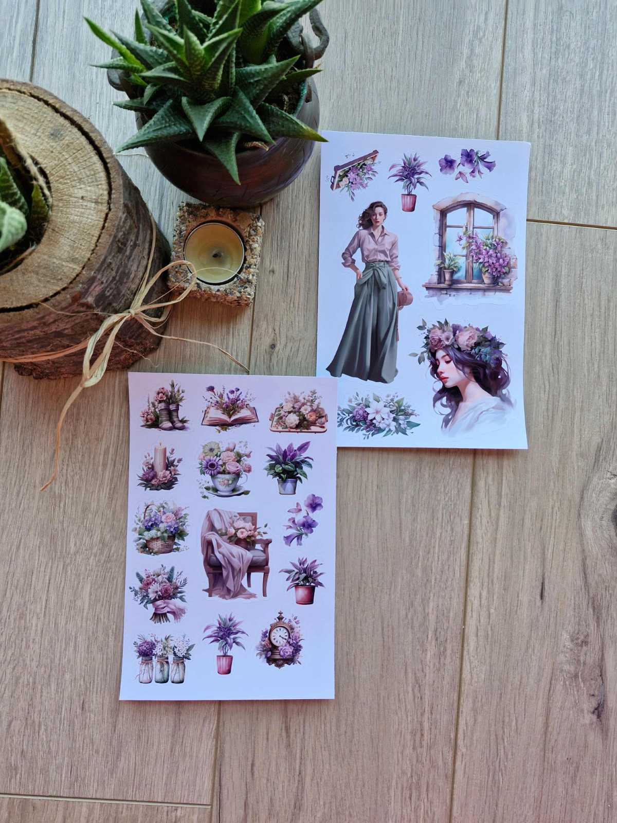 2 Sayfa 21 Adet Mor Temalı Sticker Yeşil Mor Çiçek KIz Sticker Vintage Sticker