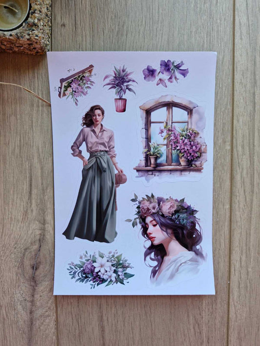 2 Sayfa 21 Adet Mor Temalı Sticker Yeşil Mor Çiçek KIz Sticker Vintage Sticker
