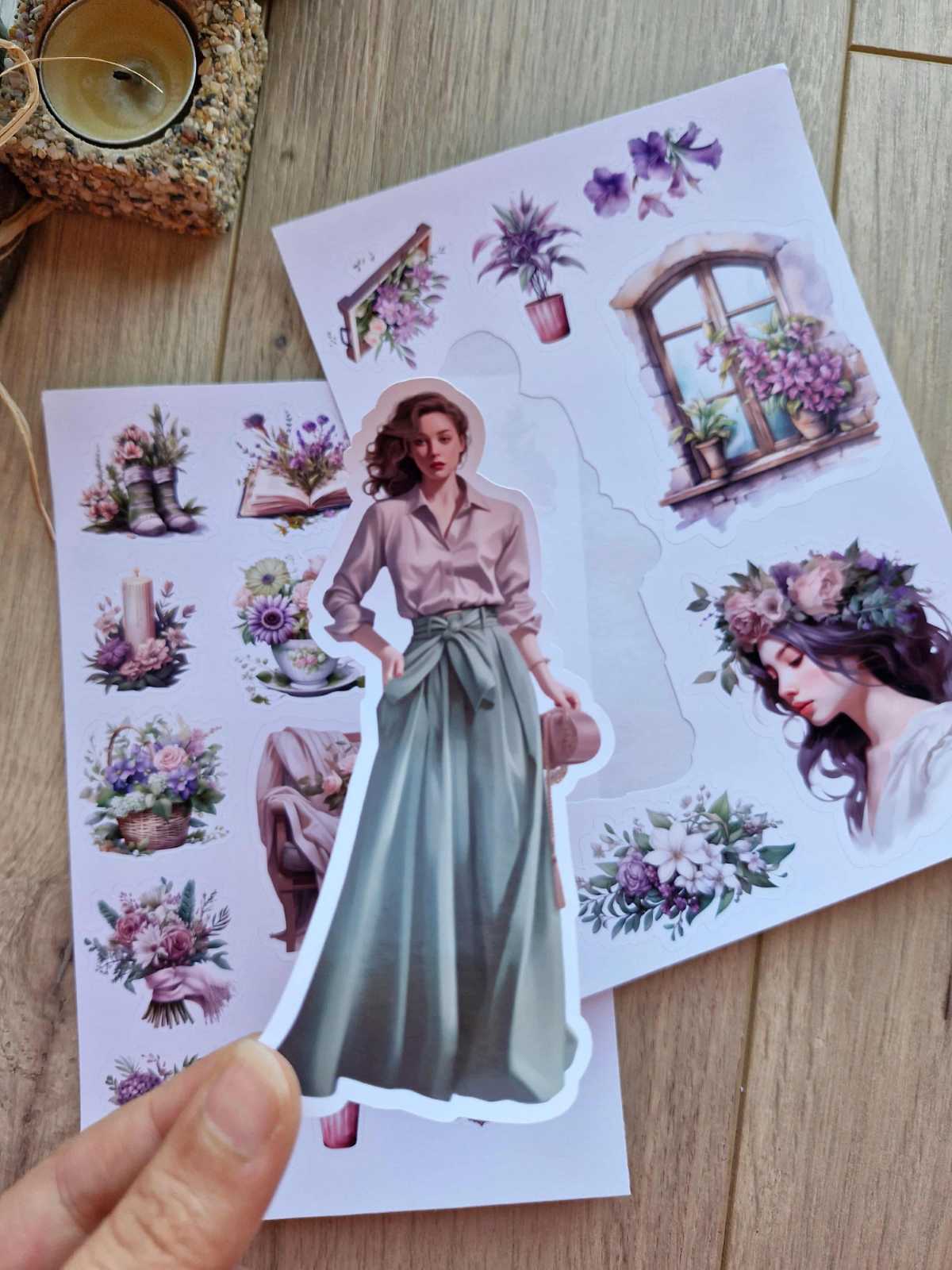 2 Sayfa 21 Adet Mor Temalı Sticker Yeşil Mor Çiçek KIz Sticker Vintage Sticker