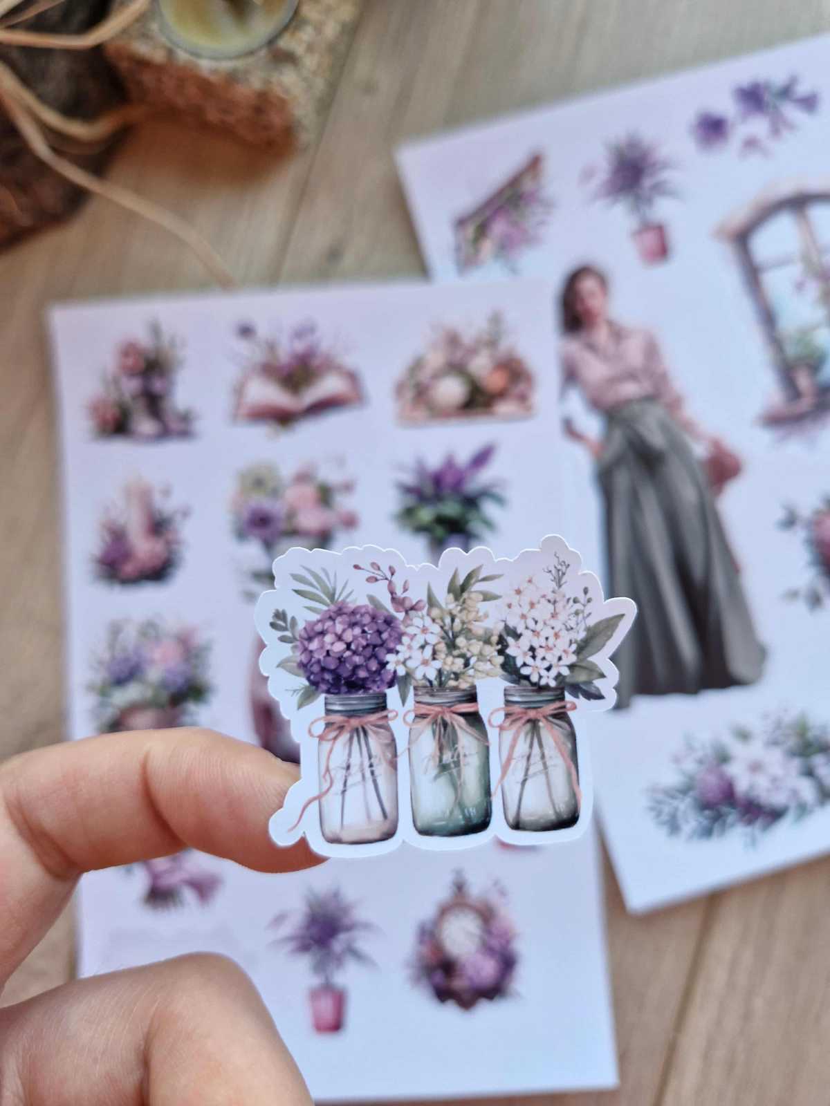 2 Sayfa 21 Adet Mor Temalı Sticker Yeşil Mor Çiçek KIz Sticker Vintage Sticker