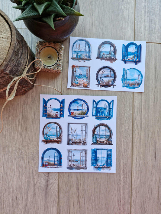 2 Sayfa 15 Adet Pencere Sticker Deniz Mavi Manzara Vintage Sticker