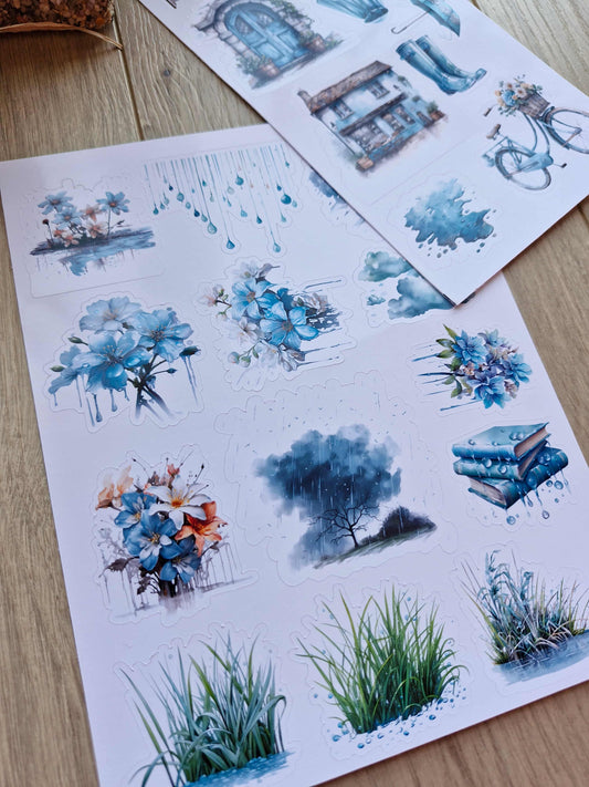2 Sayfa 22 Adet Yağmur Temalı Sticker Çiçek Mavi Su Bulut Pencere Sticker Vintage Sticker