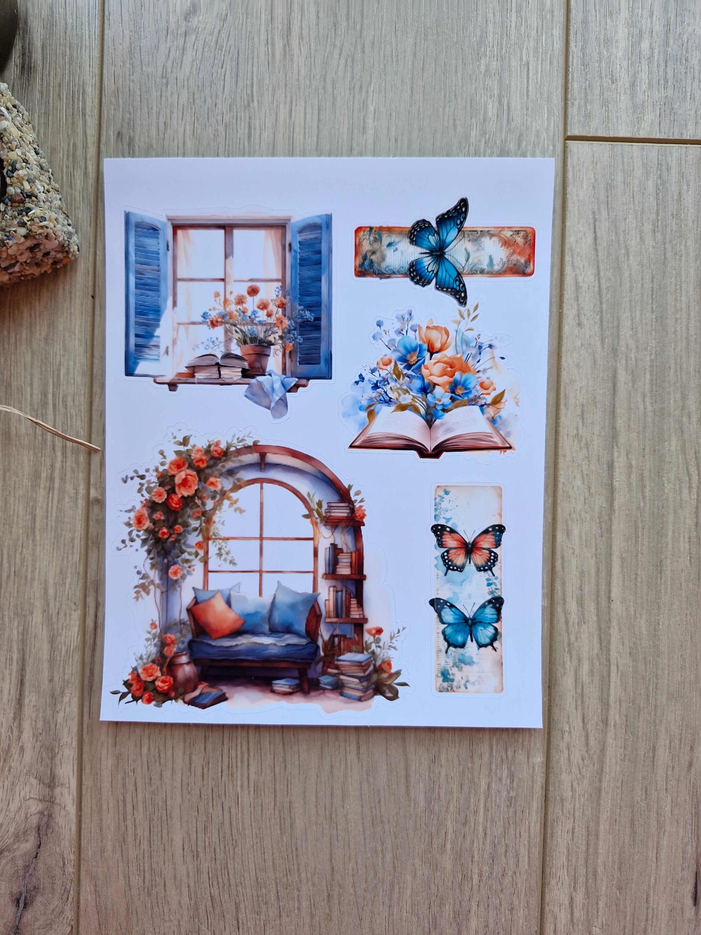 4 Sayfa 21 Adet Mavi Kitap Temalı Sticker Seti Kız Sticker Mavi Turuncu Kitap Kız Çiçek