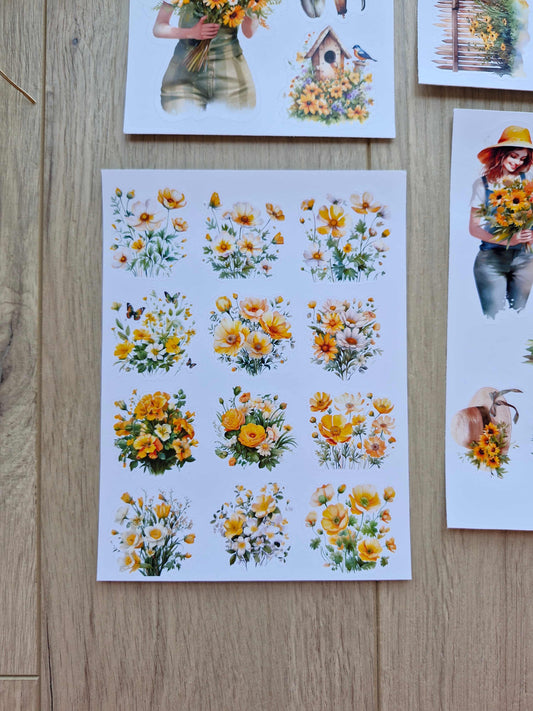 4 Sayfa 25 Adet Sarı Temalı Sticker Seti Ayçiçeği Kız Sticker Çiçek Ağaç Country