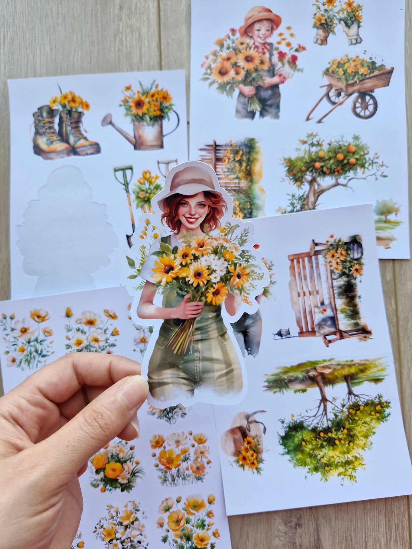 4 Sayfa 25 Adet Sarı Temalı Sticker Seti Ayçiçeği Kız Sticker Çiçek Ağaç Country