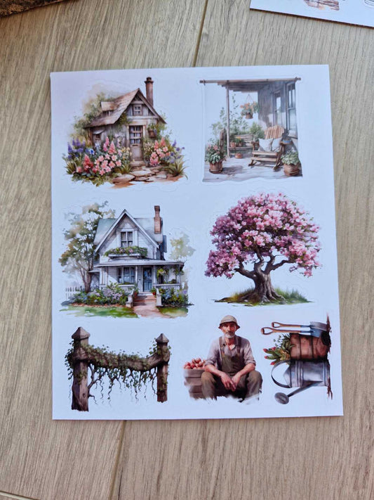 2 Sayfa 13 adet Country Temalı Sticker Çiçek Ev Köy Saksı Çiftlik Sticker Vintage Sticker