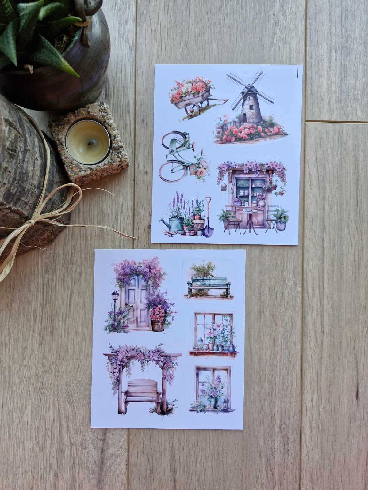 2 Sayfa 10 Adet Pencere Çiçek Sticker Seti Kapı Değirmen Bank Sticker Vintage Sticker