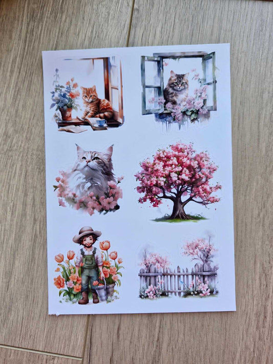 2 Sayfa 13 Adet Çiçek Temalı Sticker Seti Çiçek Kedi Pencere Country Sticker Vintage Sticker