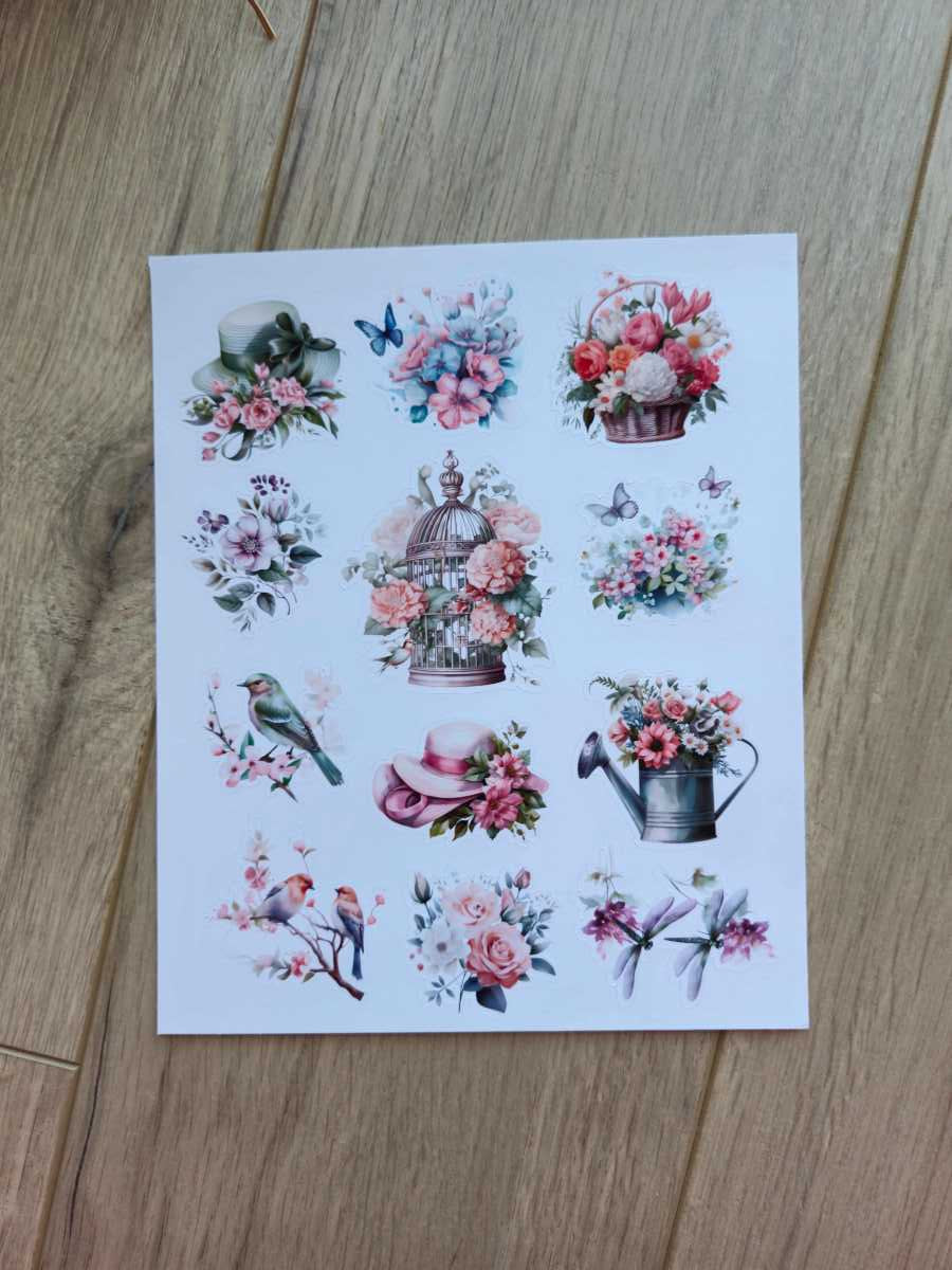 2 Sayfa 20 Adet Pembe Mor Çiçek Sticker Seti Şemsiye Yeşil Şapka Kuş Sticker Vintage Sticker