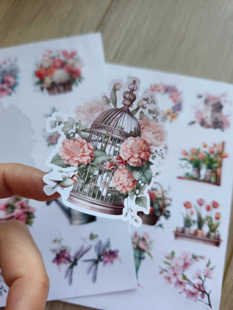 2 Sayfa 20 Adet Pembe Mor Çiçek Sticker Seti Şemsiye Yeşil Şapka Kuş Sticker Vintage Sticker