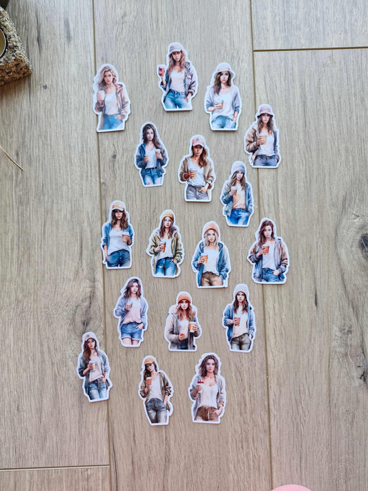 17 Adet Şeffaf Kız Sticker Seti Bullet Journal Scrapbook Laptop Sticker Kahve Şapkalı