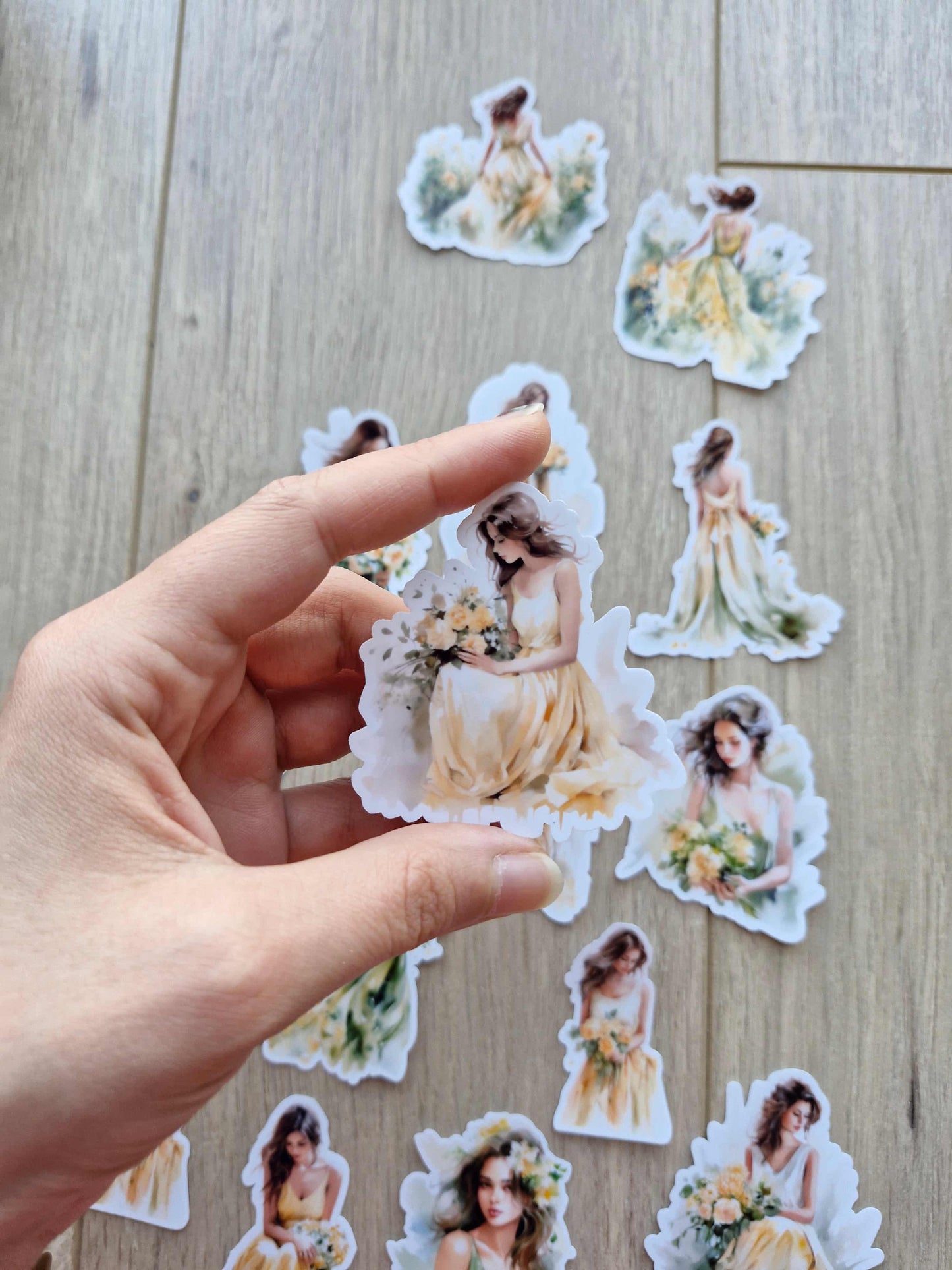 15 Adet Şeffaf Kız Sticker Seti Bullet Journal Scrapbook Laptop Sticker Yeşil Sarı Çiçek
