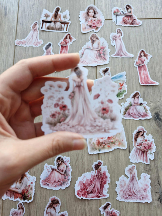 24 Adet Şeffaf Kız Sticker Seti Bullet Journal Scrapbook Laptop Sticker Pembe Çiçek