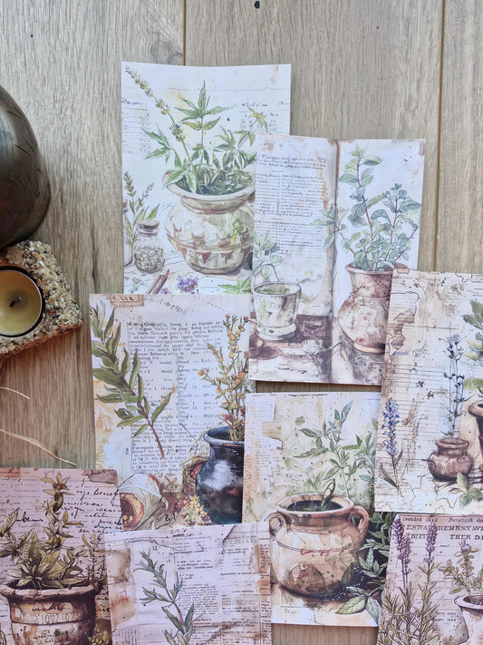 10 Adet Eskitme Saksı Temalı Scrapbook Kağıt Seti Bullet Journal Dekupaj Kağıdı Bitki Yeşil